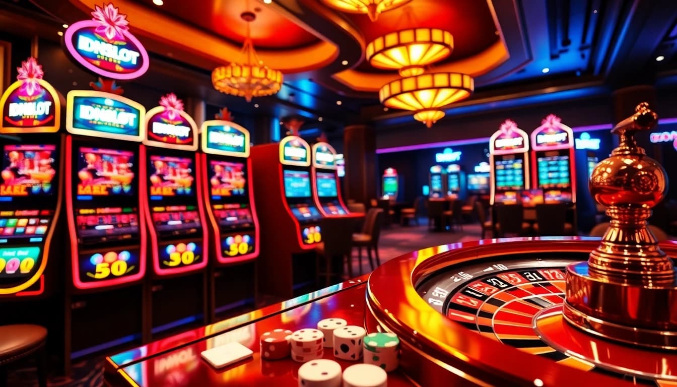 Winning at idnslot with vibrant casino elements showcasing excitement and premium gaming.