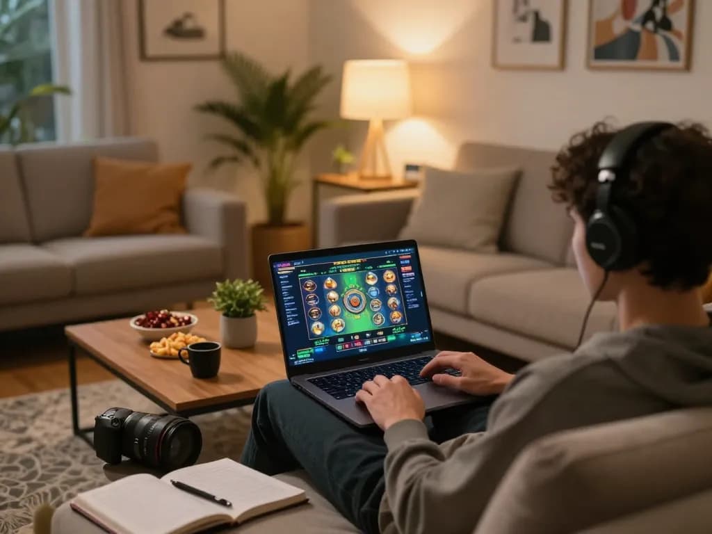 Person enjoys gaming on a laptop at home with doctorjenmt's online slot strategies.