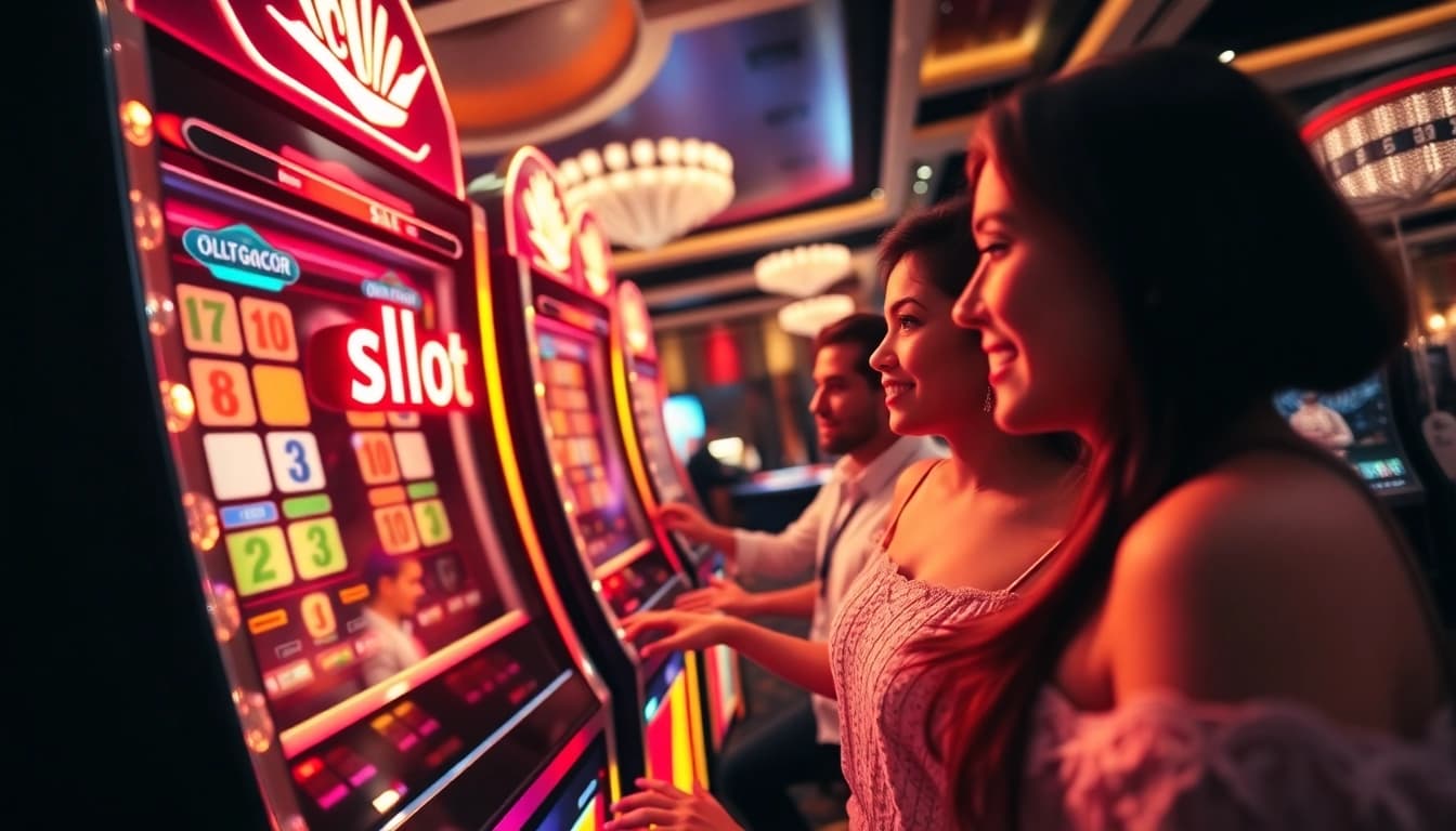 Pemain yang berinteraksi dengan mesin slot gacor yang cerah di lingkungan kasino yang elegan, memancarkan kegembiraan.