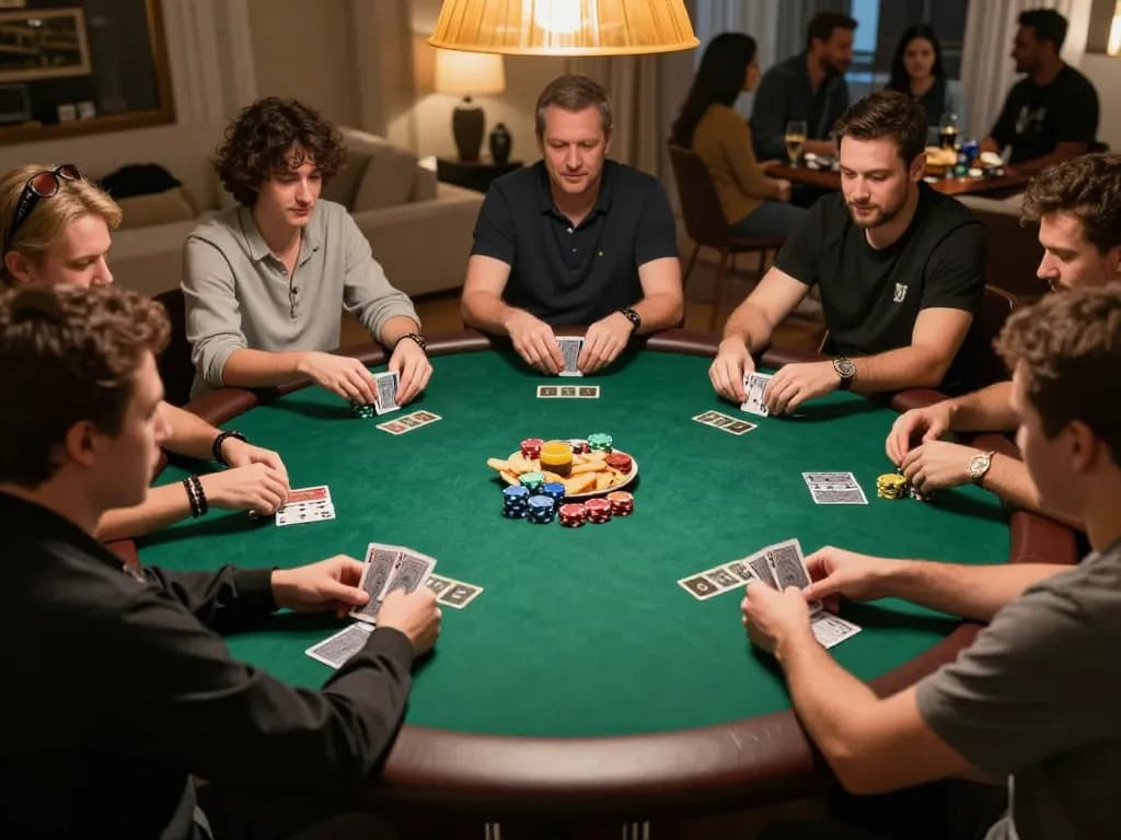 F8BET poker game with friends, showcasing colorful chips and engaged players in a warm home setting.