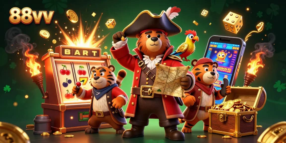 Gamblers celebrate big wins at 88vv online casino with a vibrant scene of cartoons and jackpots.