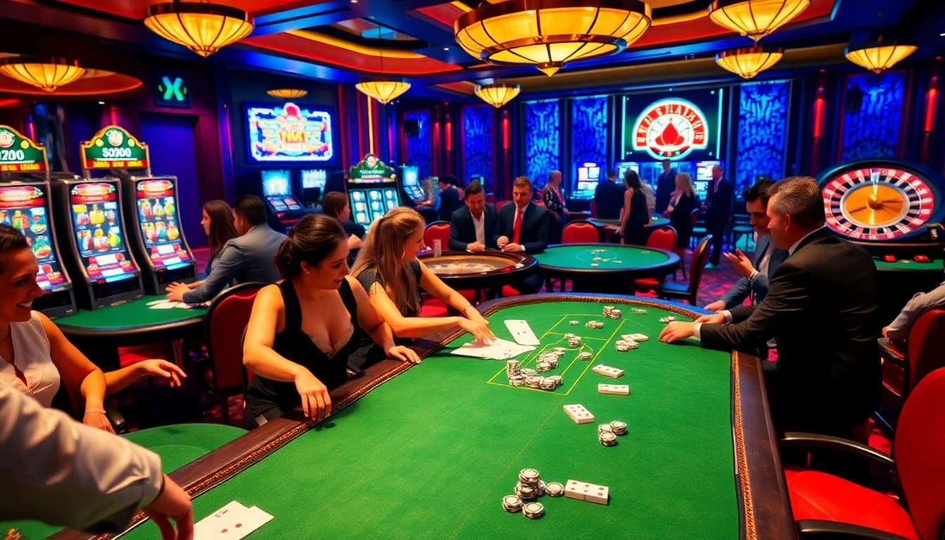 SODO casino scene showcasing vibrant poker tables with players engaged and slot machines in a luxurious environment.
