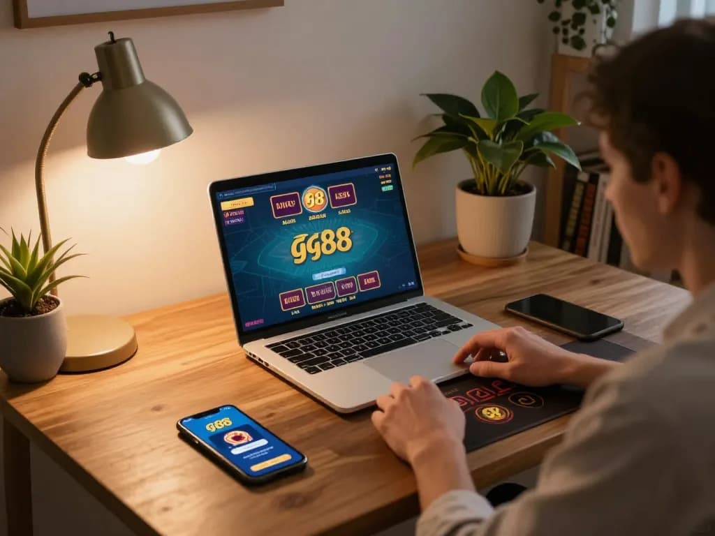 Player engaging with a live dealer game on laptop while using link gg88 app, cozy home gaming setup.