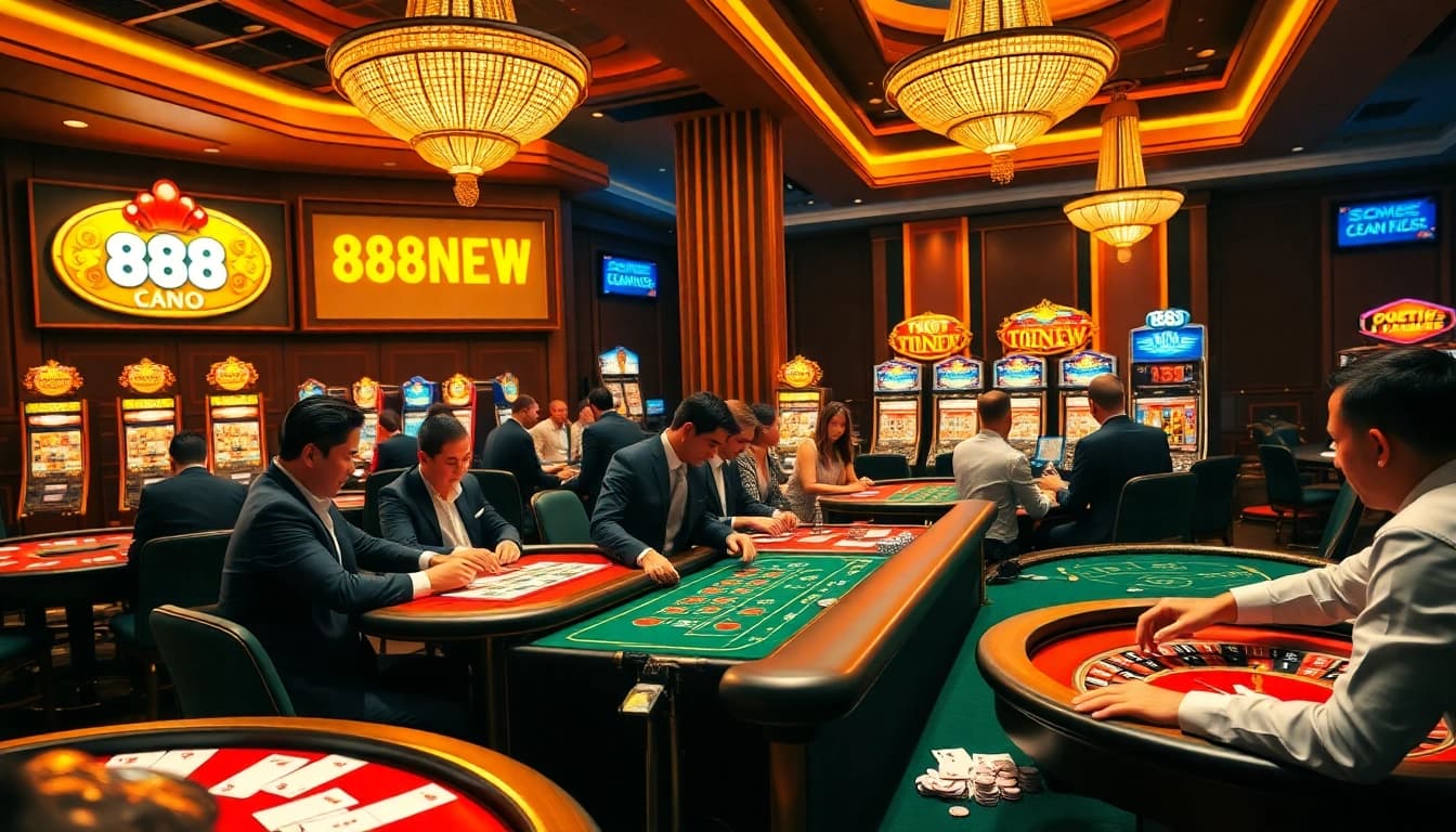 A dynamic view of the 888NEW homepage showcasing an exciting casino atmosphere with players engaging in table games and slots.
