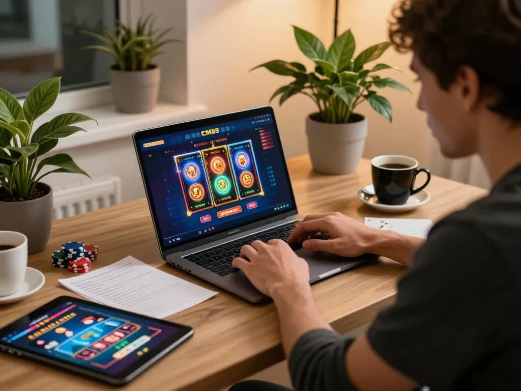Experience online gaming at CM88 with an enthusiastic gamer engaged in poker and slots in a stylish home.