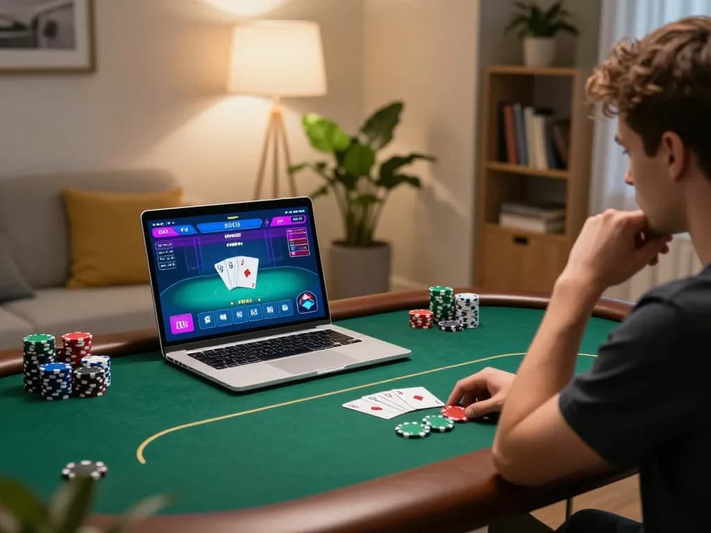 uu88 player strategizing at home during an online poker game with laptop and chips
