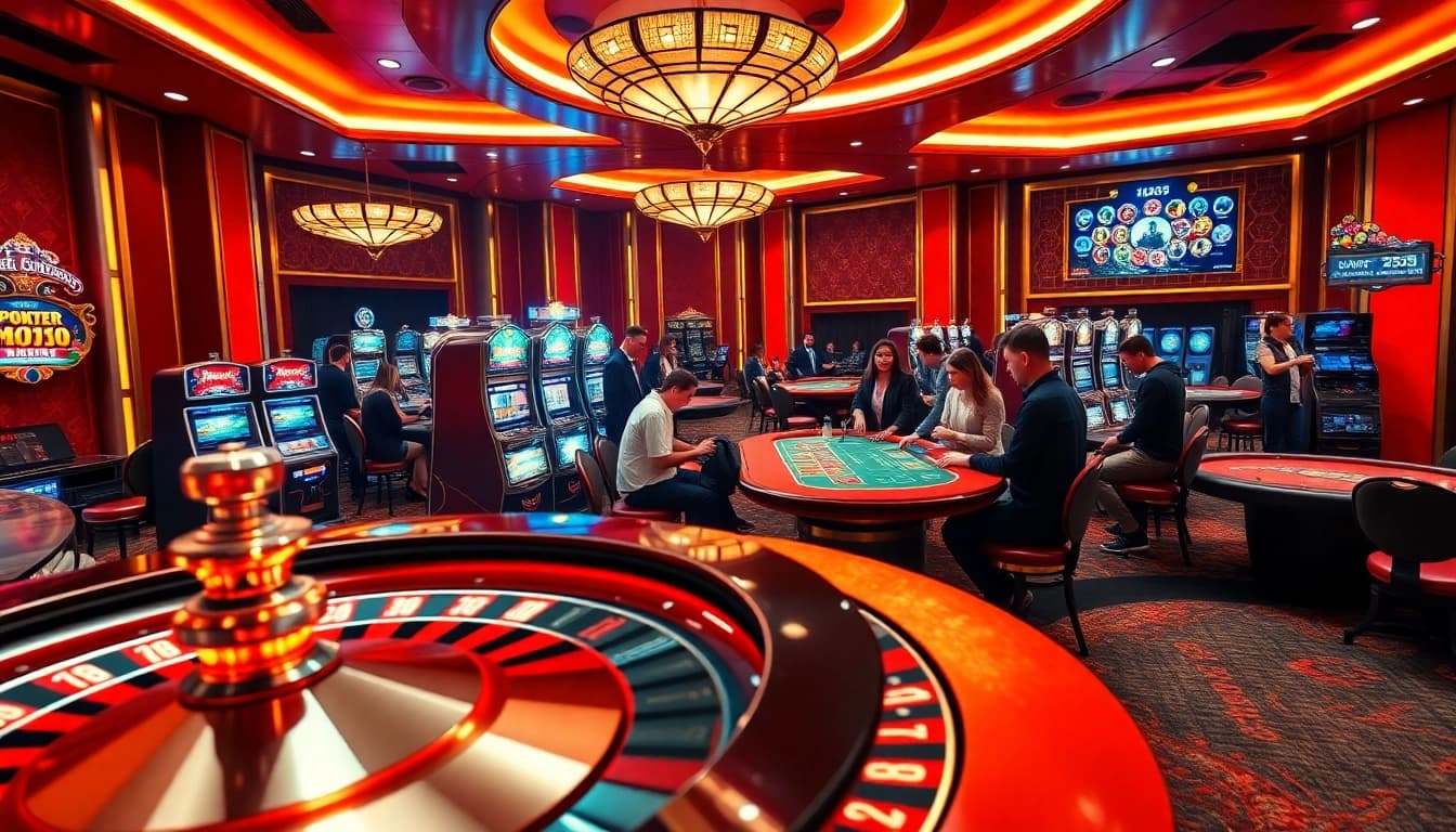 Engage in thrilling gambling experiences at MV88, featuring vibrant casino tables and slot machines.