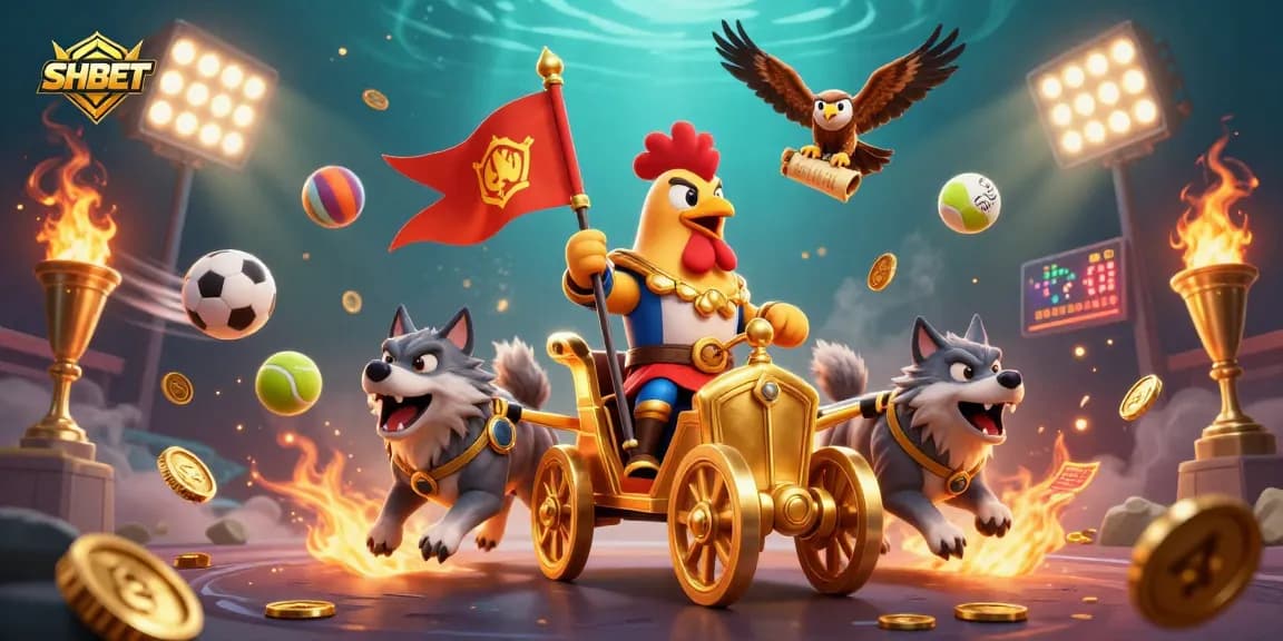 Engage with SHBET's thrilling gaming experience featuring roosters, wolves, and sports elements in dynamic action.