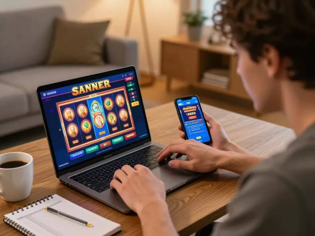 Engaging in Canada online casinos through a vibrant slots interface on a laptop, showcasing strategic gameplay.