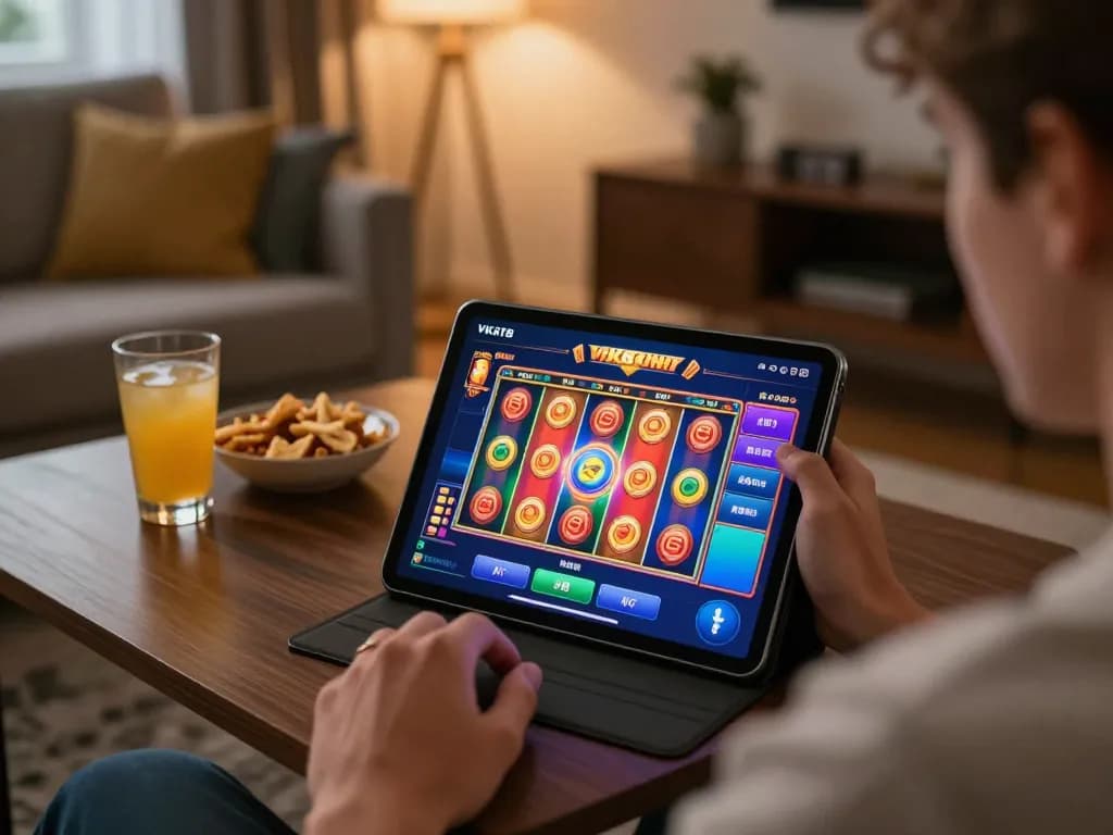Engaging gameplay experience at VK88 casino app, player enjoying colorful slots on tablet