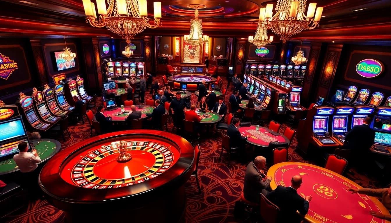 Experience high-stakes excitement at https://da88st.com/ with a vibrant casino scene filled with tables and players.