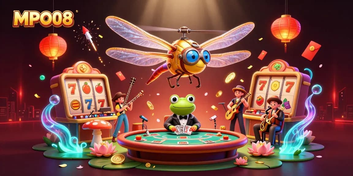 Experience the excitement of MPO08 with a vibrant 3D casino illustration featuring a dragonfly pilot and frog dealer