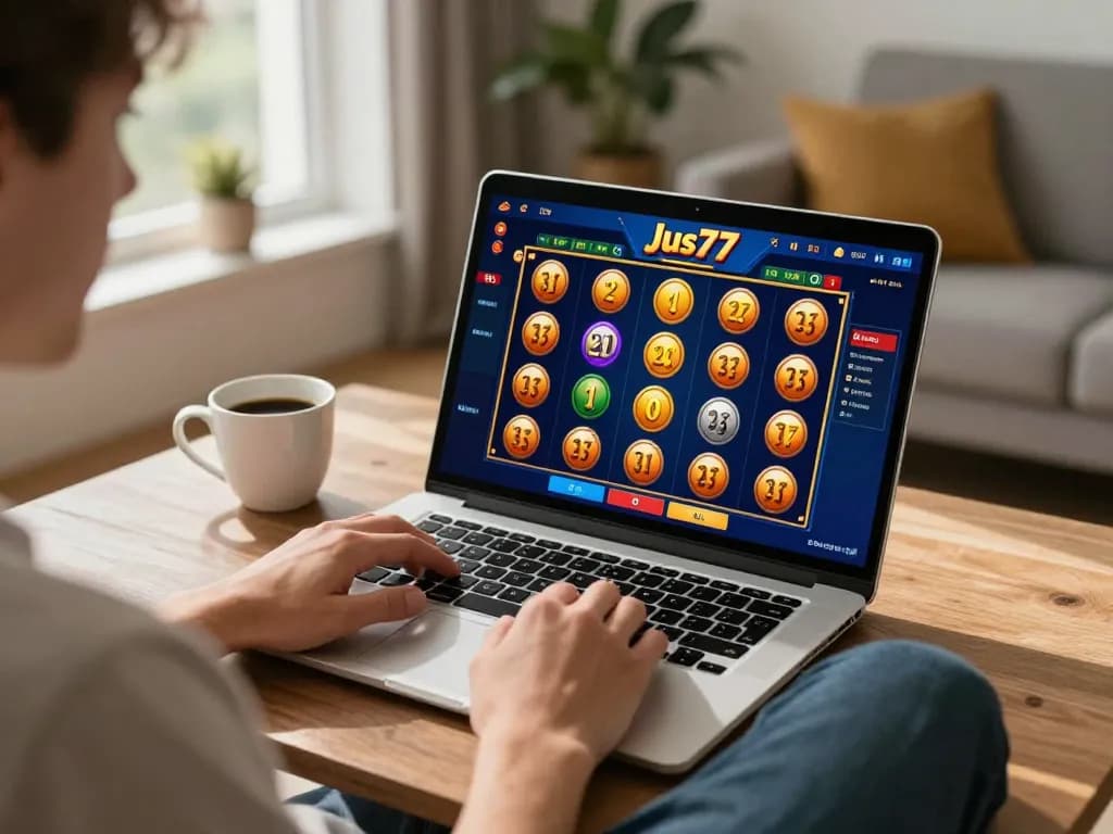 Momen bermain yang menarik di jus77 dengan pemain menikmati slot online di ruang tamu yang nyaman.