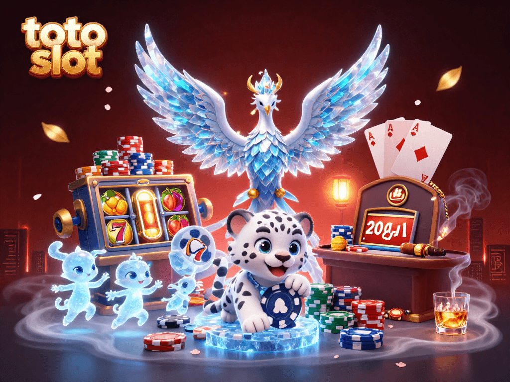 Engage in thrilling toto slot adventures with a vibrant 3D scene of an ice phoenix and a playful snow leopard.