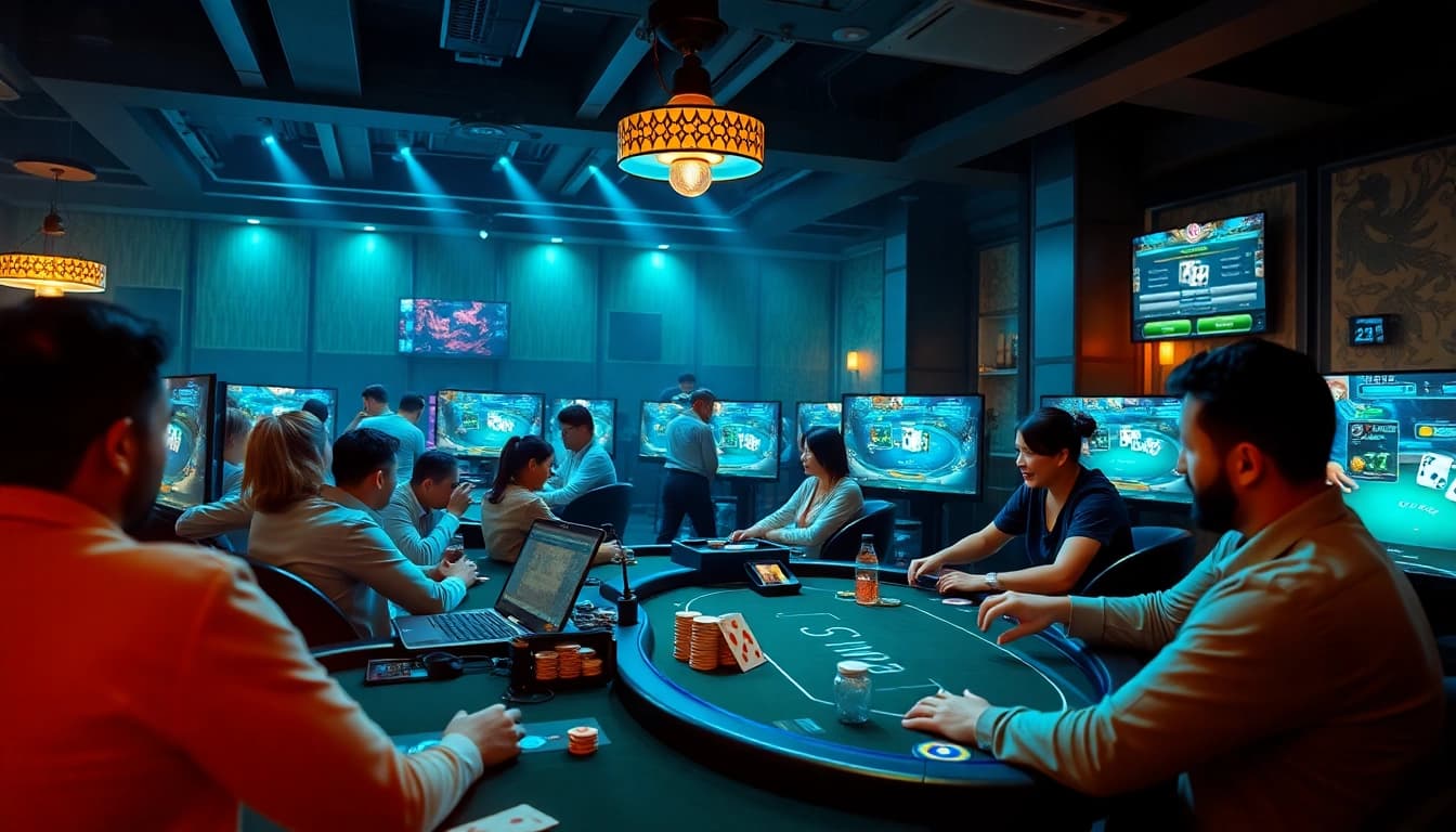 Exciting scene of Game bài đổi thưởng quốc tế featuring international card games in a vibrant online casino.