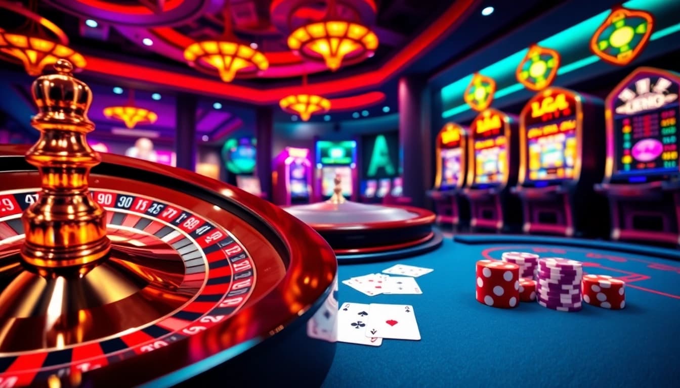 A vibrant online betting scene featuring the roulette wheel and poker table at https://l444.art/ showcasing luxury and excitement in gambling.