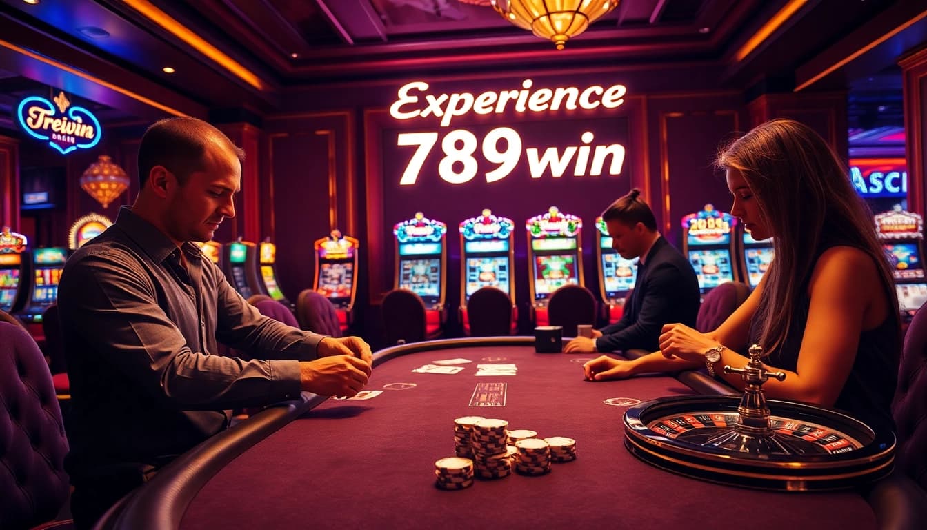 Engage in intense poker action with 789win at a luxury casino with illuminated slot machines.