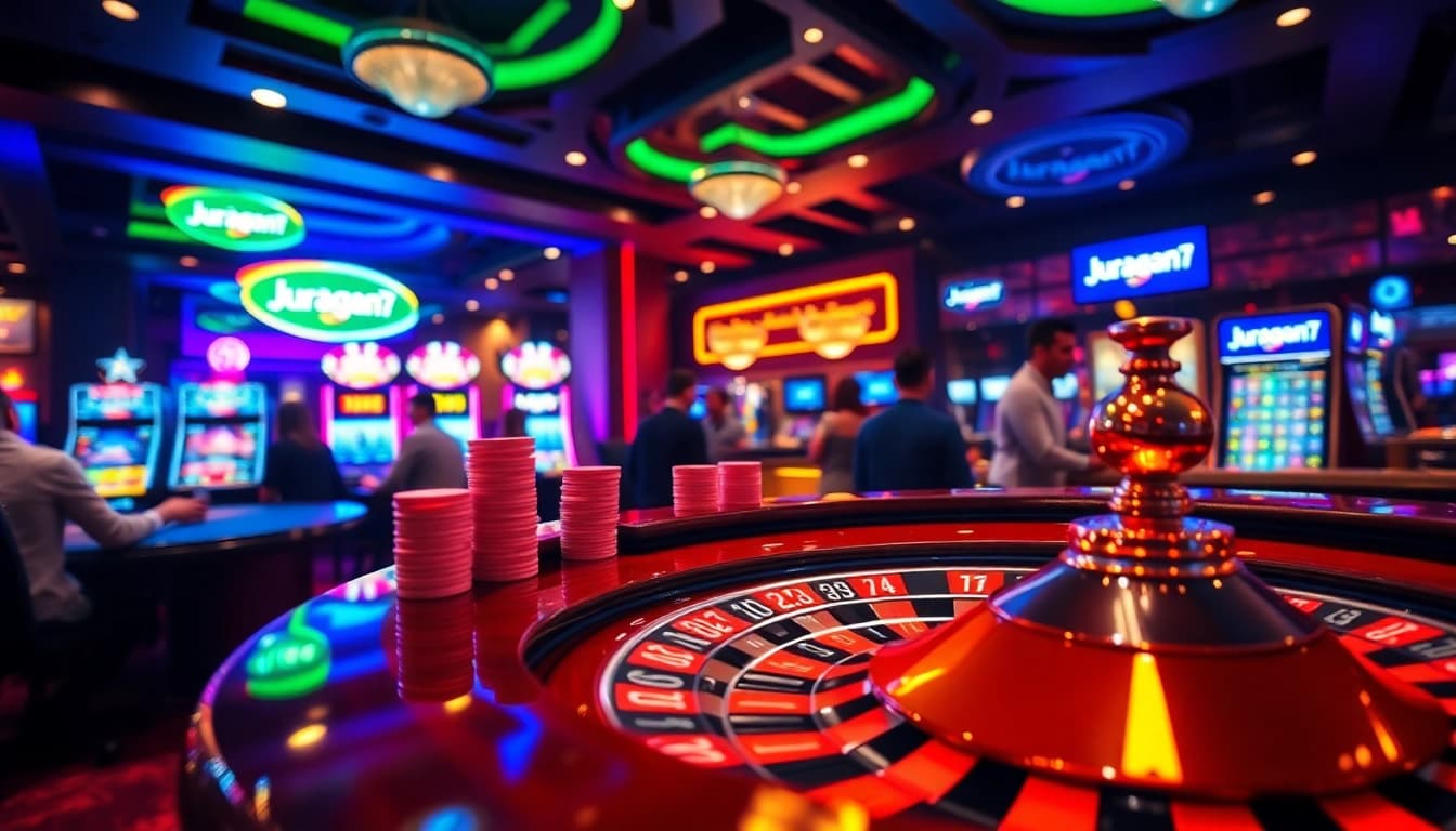 Experience juragan77 excitement with vibrant casino scenes featuring slot machines and roulette tables.