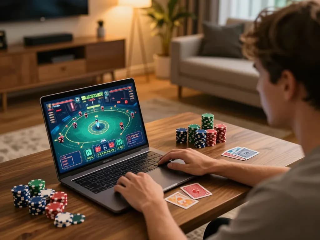 TO288 user engaged in online slot gaming at home, laptop and casino chips visible, cozy environment.