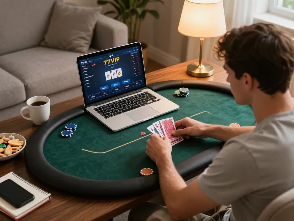 Player analyzing poker strategy on 777VIP interface in a cozy home setup
