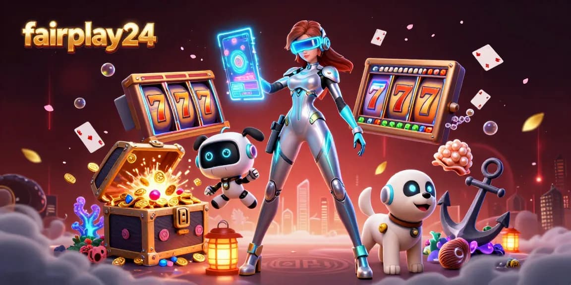 Engage with fairplay24’s vibrant casino scene featuring a futuristic woman and a robot dog amidst a golden explosion of winnings.