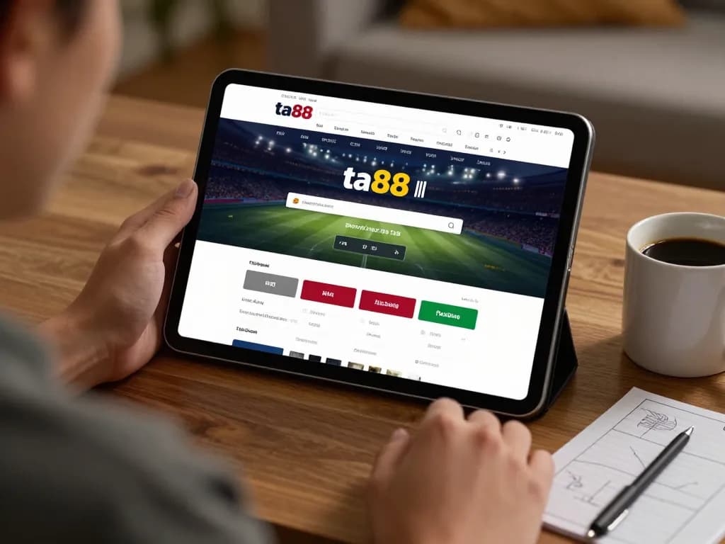 Betting on sports through the ta88 platform, showcasing tablet interface and comfortable at-home atmosphere.