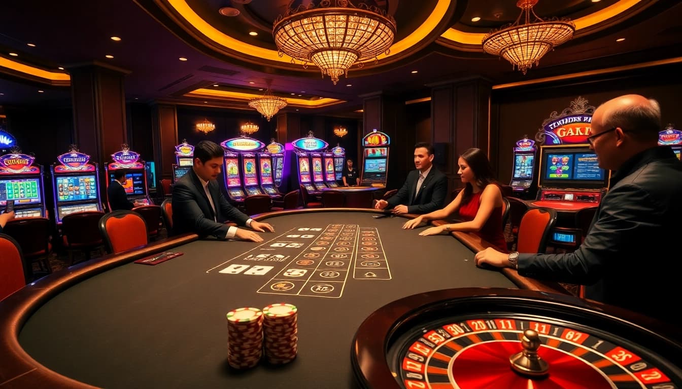 Players enjoying a thrilling game at 13win's upscale casino tables, surrounded by vibrant slot machines.