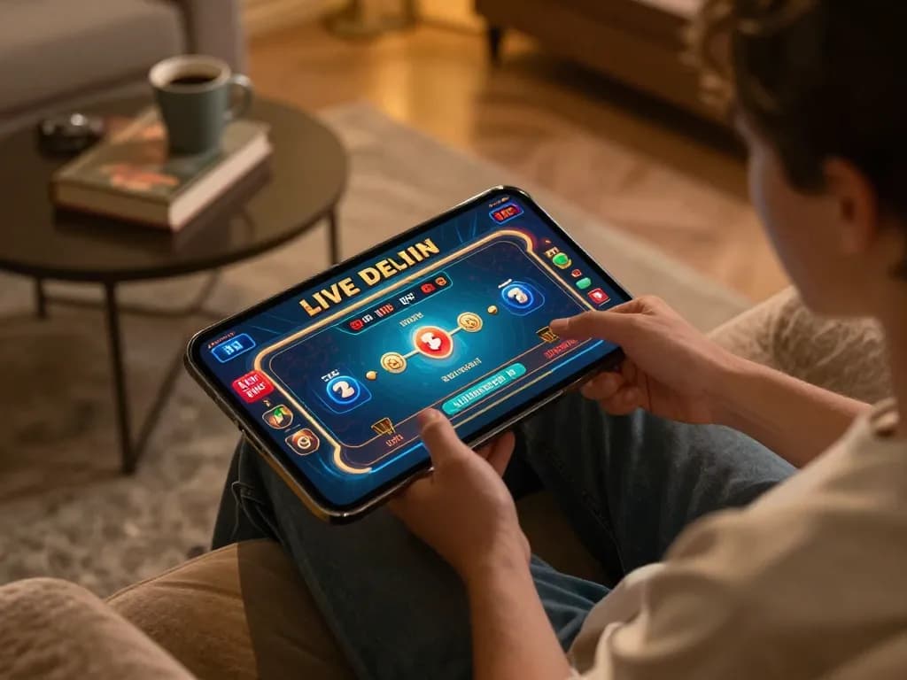 Player engaging in exciting EA77 info live dealer game from home, enjoying a dynamic online casino experience.