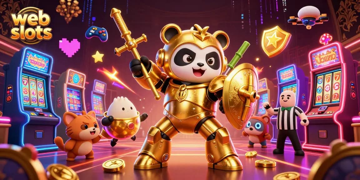 Experience engaging web slots action with a golden panda robot amidst colorful slot machines and dynamic gameplay.