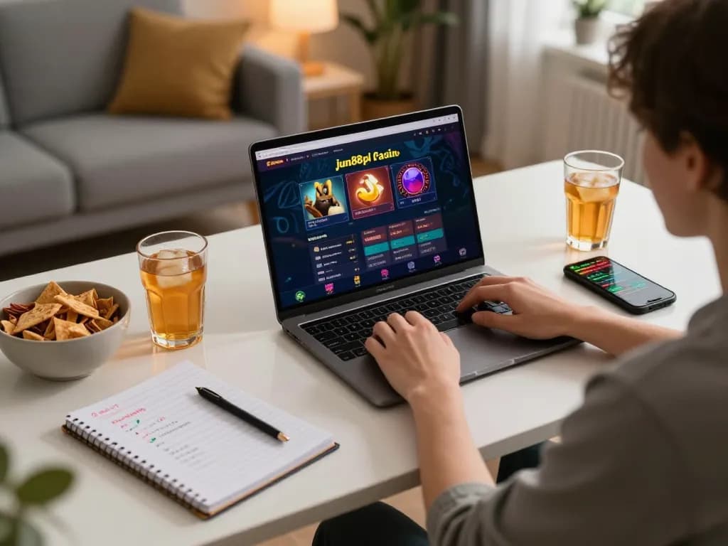 Engaging online gambling scene on jun88pl with a player enjoying their favorite casino games