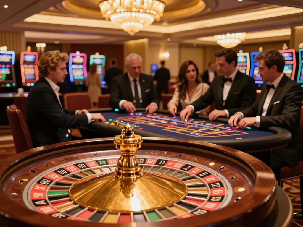 Kegembiraan taruhan di meja roulette yang menampilkan mpi2121, dengan pemain memasang chip di lobi kasino yang elegan.