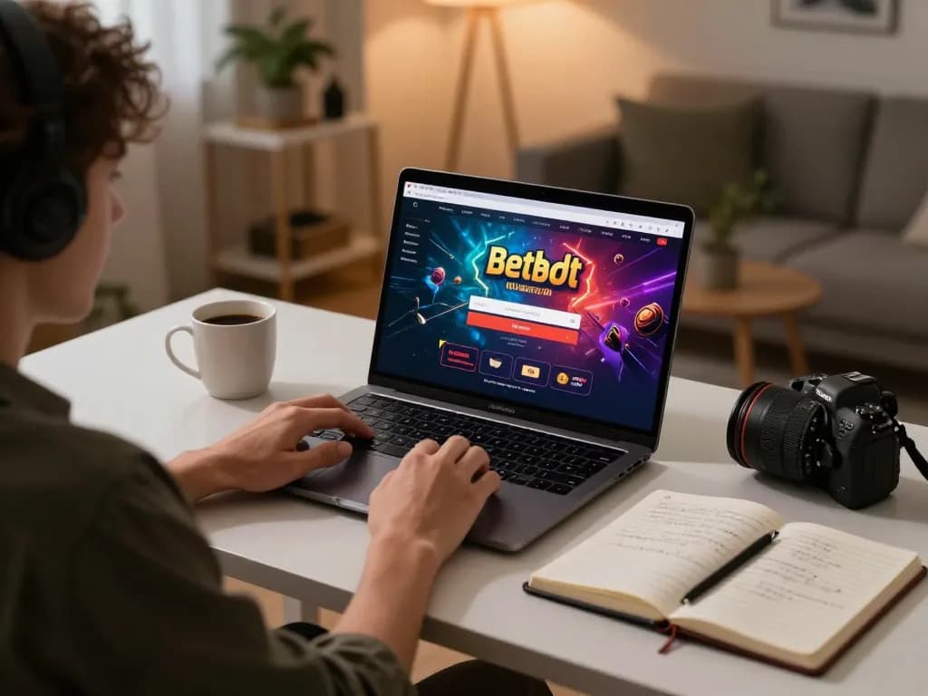 Engaging Betbdt login scene showing a player immersed in online gaming with vibrant graphics and cozy atmosphere