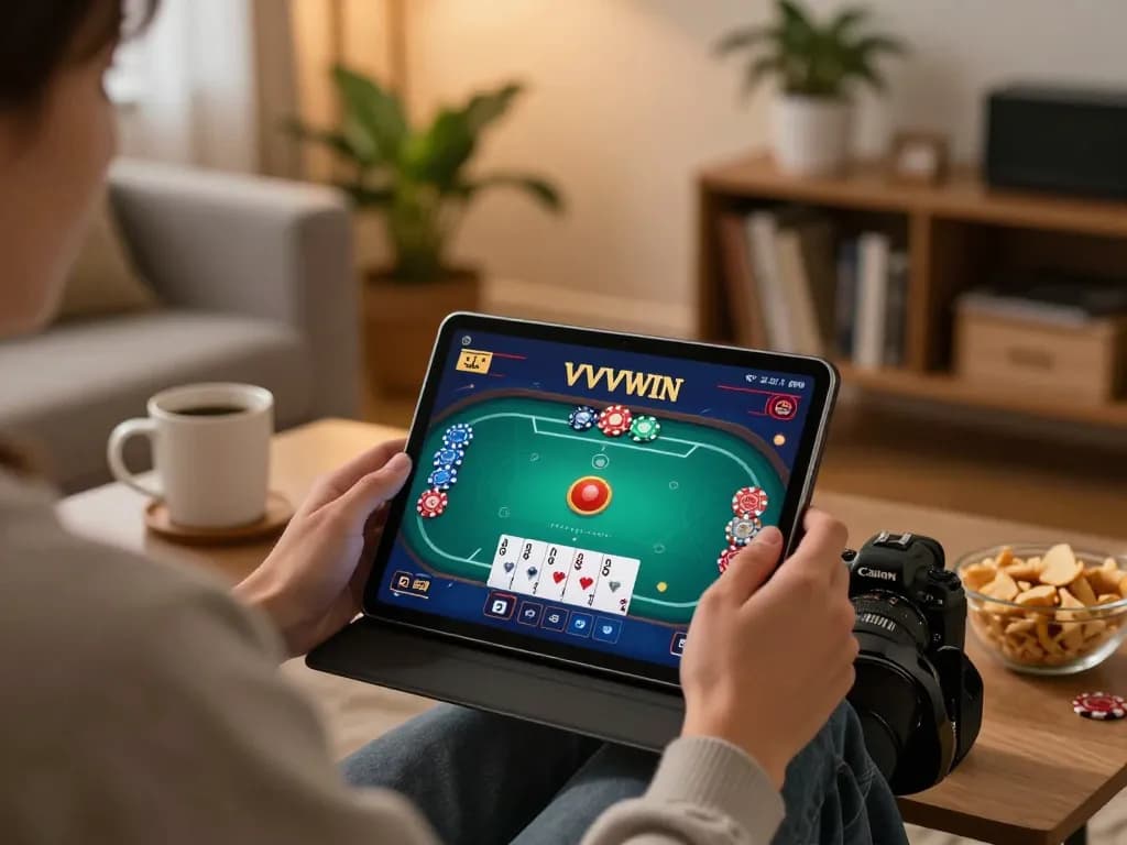 Engaging online gaming session with VVVWIN visible on tablet, showcasing poker gameplay in cozy home environment