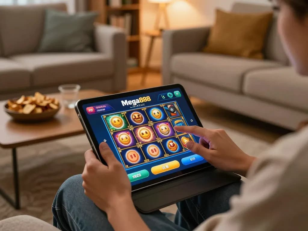 Mega888 Official app displayed on tablet during an online gaming session at home.