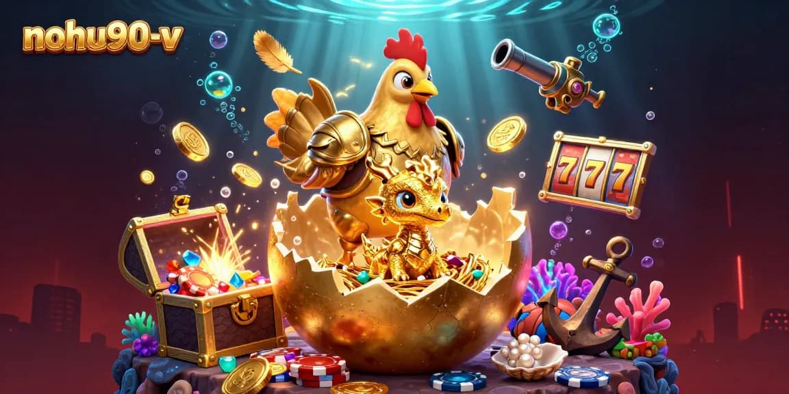 Spin and collect treasures at nohu90-v with a vibrant baby dragon and golden poker chips.