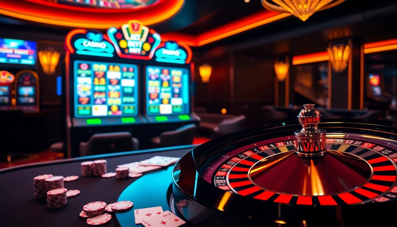 Engaging e2 bet online gambling scene featuring a roulette wheel and vibrant slot machine.
