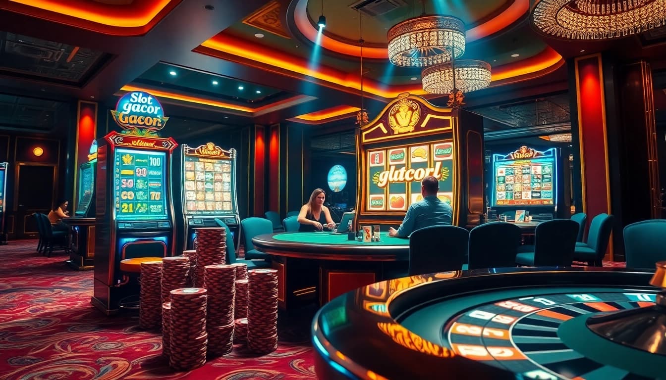 Experience the thrill of Slot gacor on a glamorous casino floor with excited players and vibrant games.