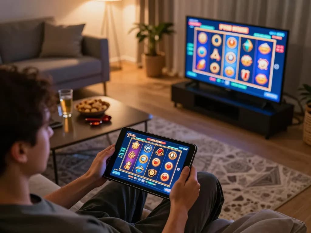 F168 player enjoying mobile gaming experience with engaging slot game in a cozy living room.