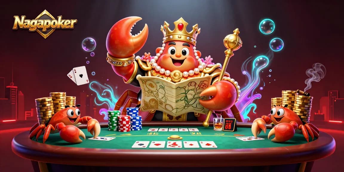 Nagapoker showcases a lavish poker scene with a golden crab emperor and high-stacked chips.