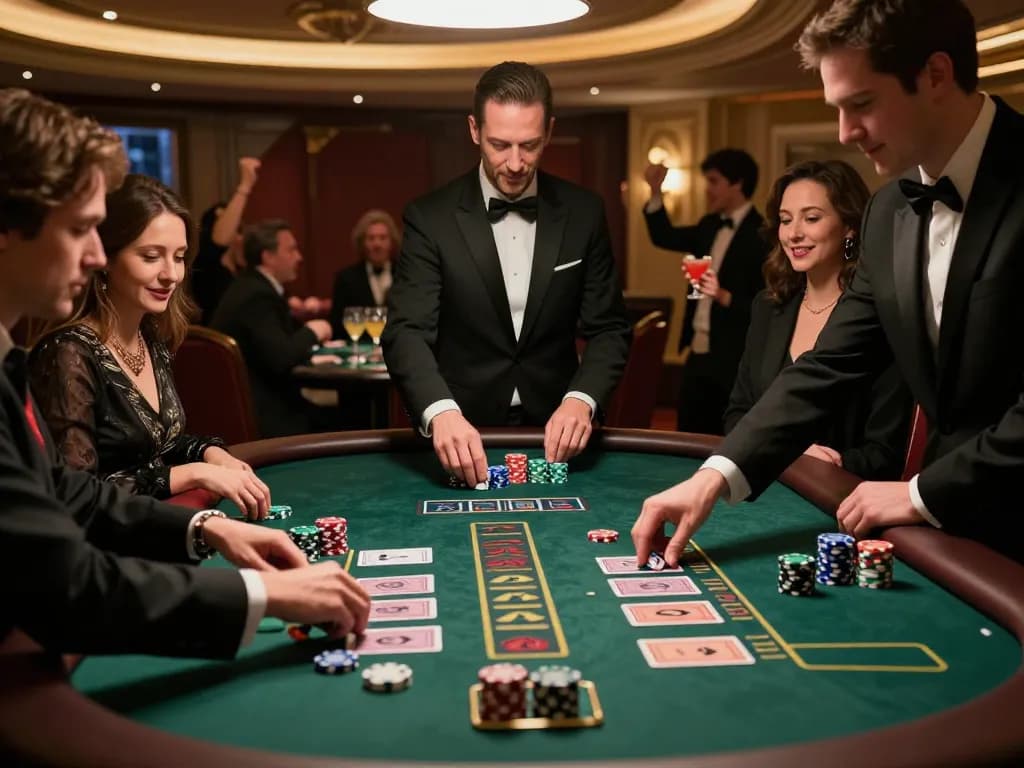 Players placing bets at a blackjack table in a casino during an mposport gaming night, showcasing strategy and excitement.