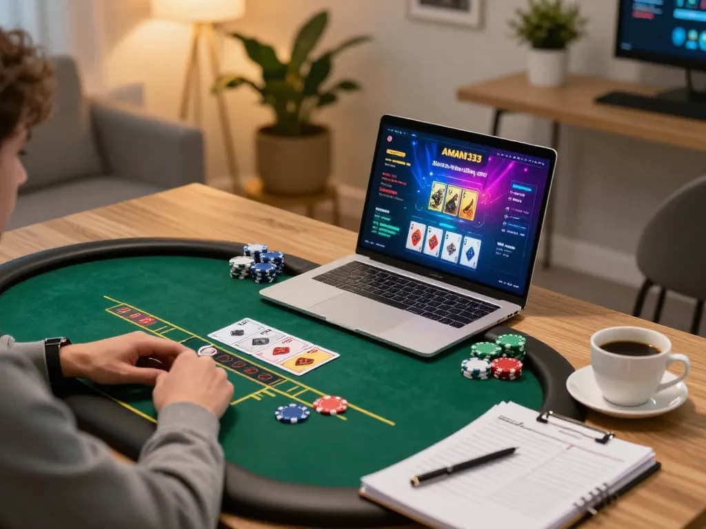 Bermain poker online di platform AMAN333 dalam suasana kantor rumah yang nyaman