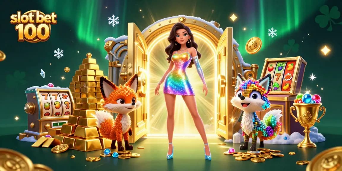 Spin the reels with slot bet 100 in a vibrant casino scene featuring sparkling gems and gold.