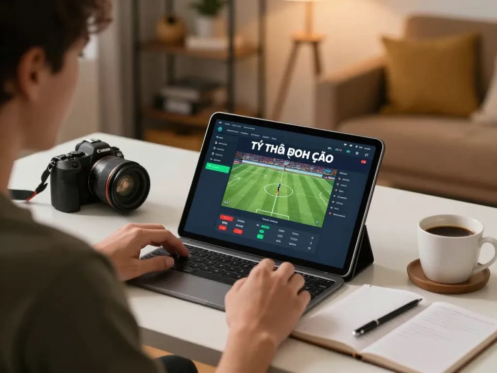 A person analyzing tỷ lệ nhà cái on a tablet during online sports betting at home, showcasing a strategic setup.