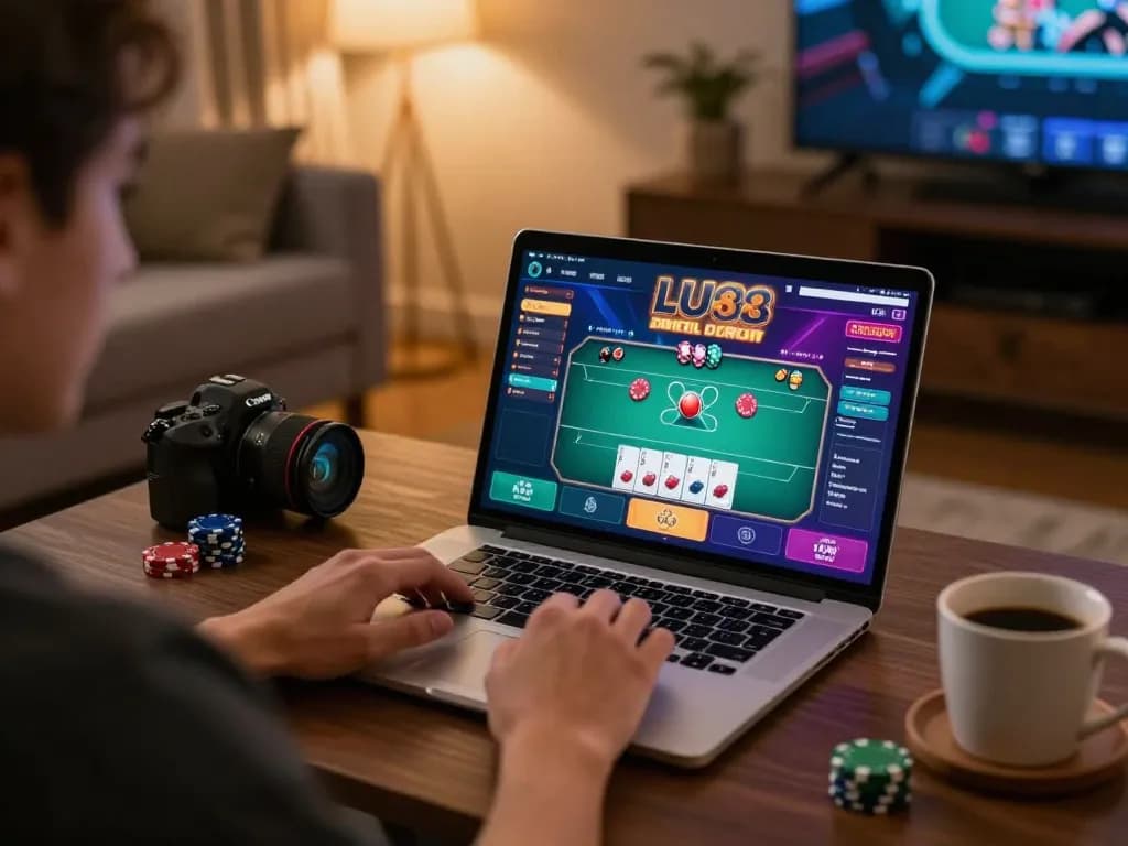 LU88 player engaging in an online poker game with strategy notes nearby