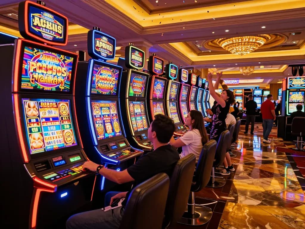 Players celebrating at slot machines in a vibrant Las Vegas casino, C 168 moments of excitement.