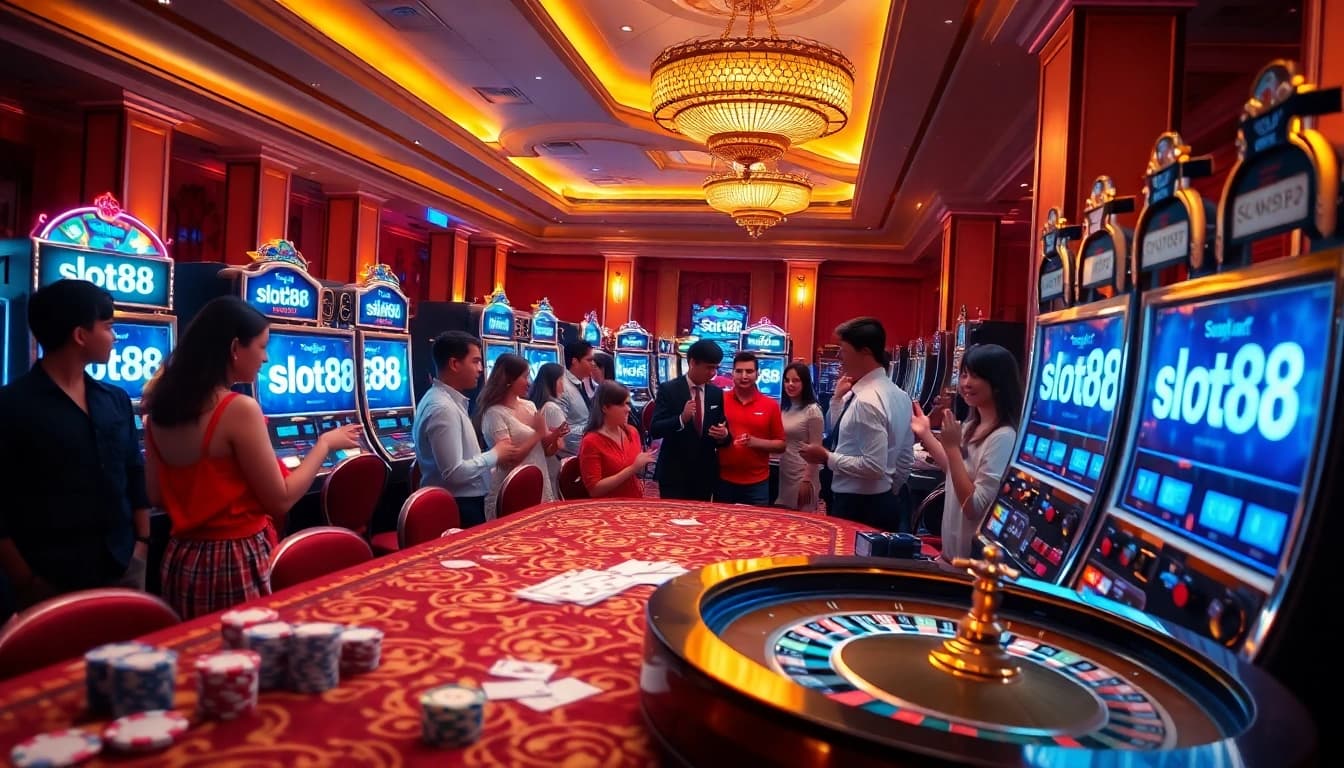 Mainkan permainan slot88 yang menarik di kasino yang meriah, dipenuhi dengan pemain yang bahagia dan suasana profesional.