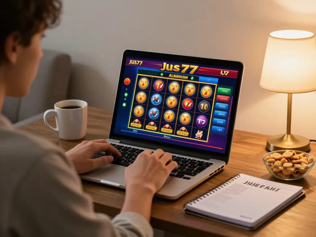 Engaging online gaming with jus77 slots on laptop, highlighting responsible gambling strategies in a cozy home setting.