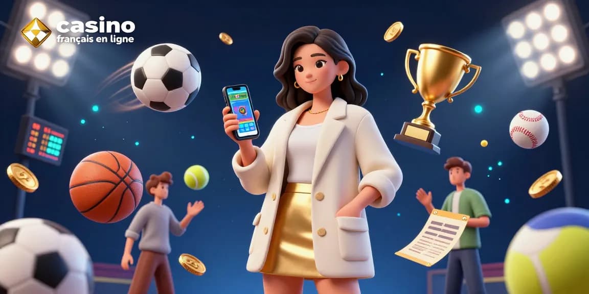 Engage with casino francais en ligne through vibrant betting scenes featuring a stylish woman and 3D sports elements.