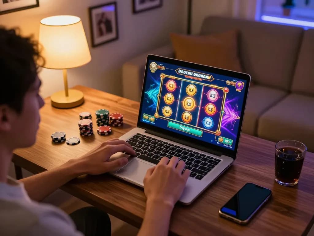 Engaging in a thrilling session at a Dogecoin casino on a laptop in a cozy home setup.