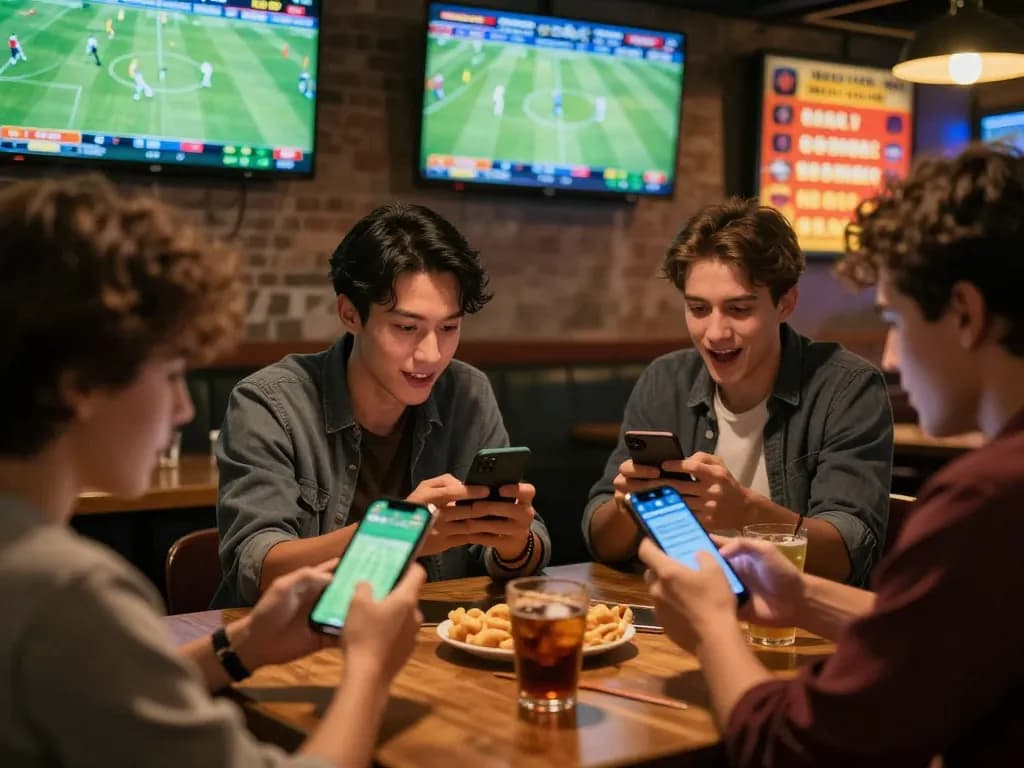 Friends enthusiastically placing bets on gi88 sports events, showcasing a vibrant sports bar atmosphere.